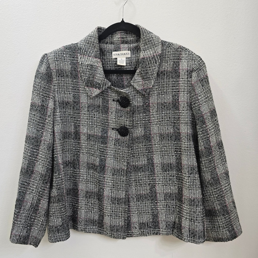 Nina Drake Womens Glen Plaid Cropped Blazer Jacket Black White Pink Size 18 Plus